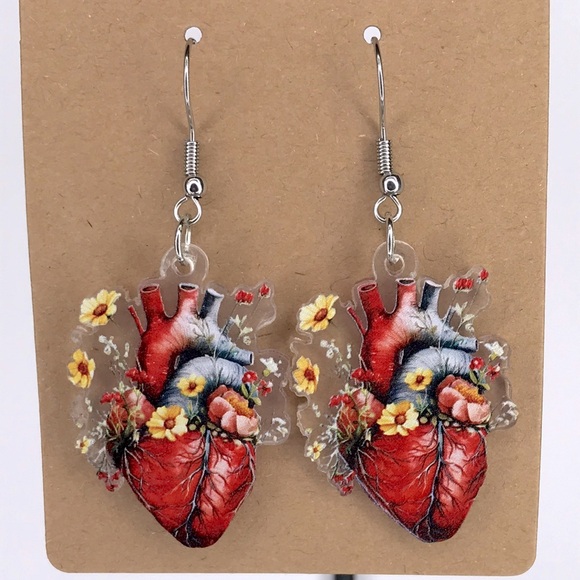 Fashion Jewelry Jewelry - Anatomical Heart Flower Dangle Earrings - Red Floral Acrylic